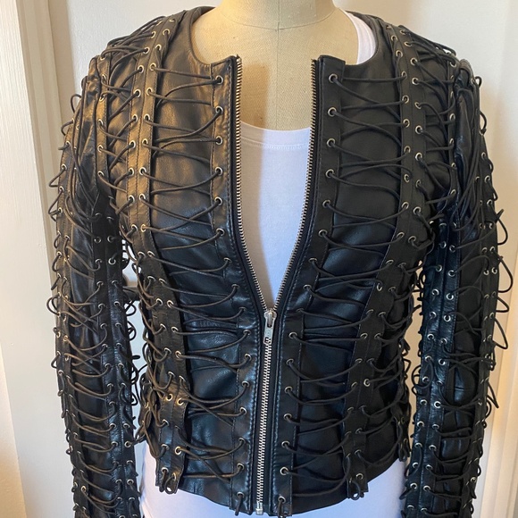 Black leather Biker Jacket with eyelets size Xtra small to small, badass! - Picture 1 of 15